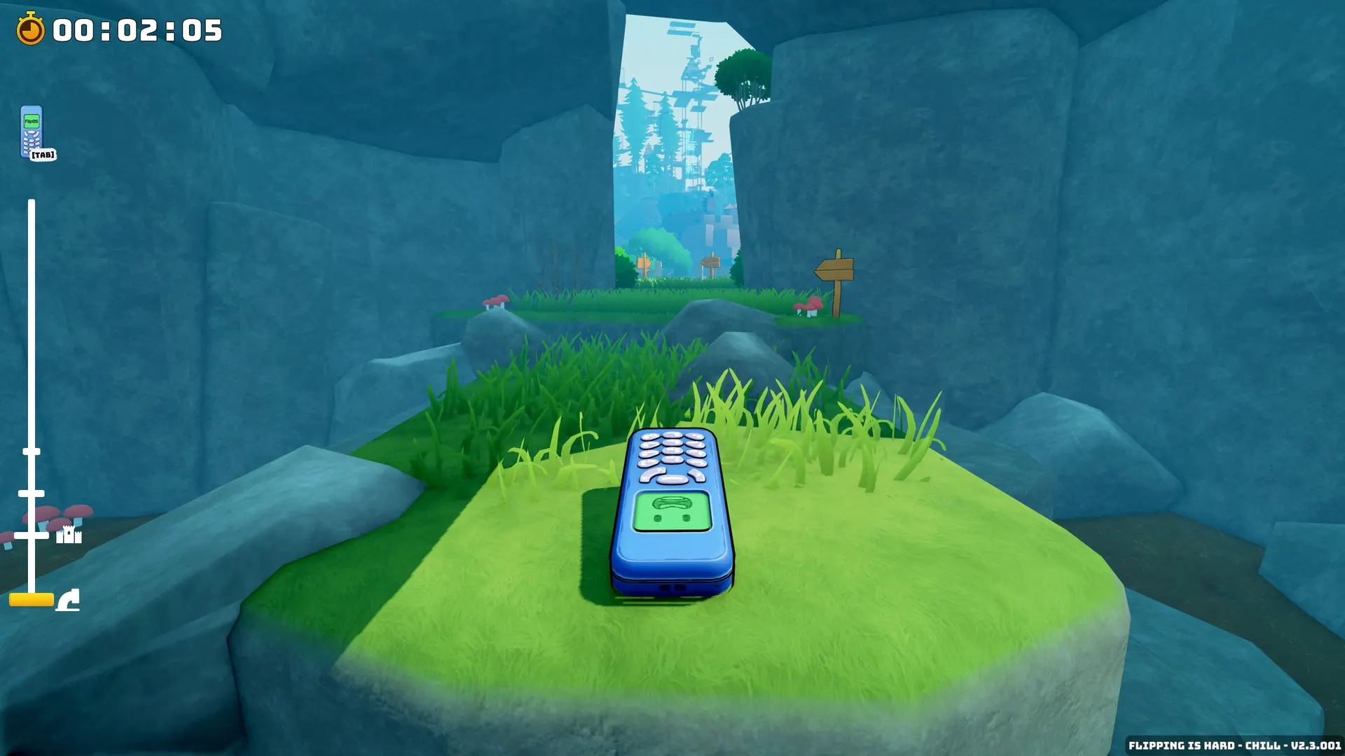 Flippy on a grassy ledge inside the opening cave area