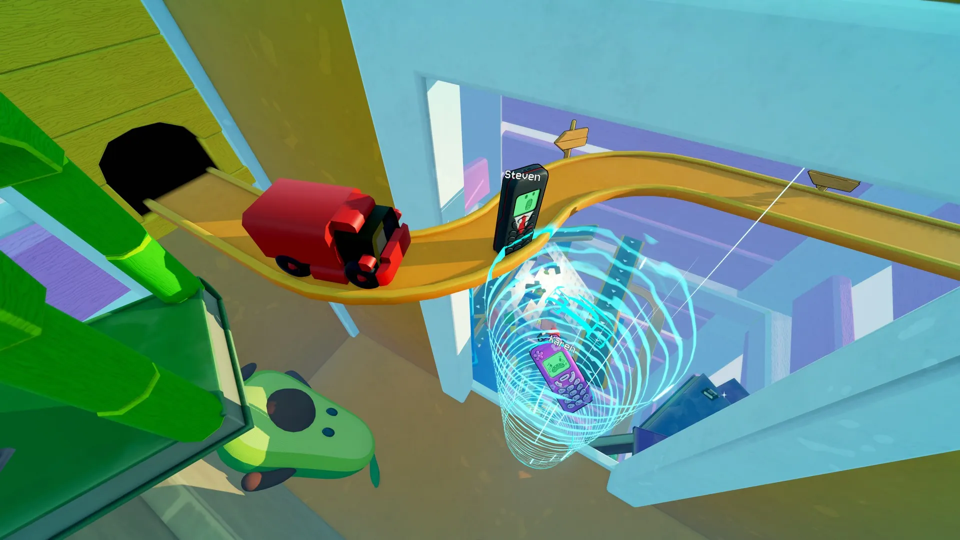 Two phones using a glowing Help Beam beside a toy car in Flipping is Hard