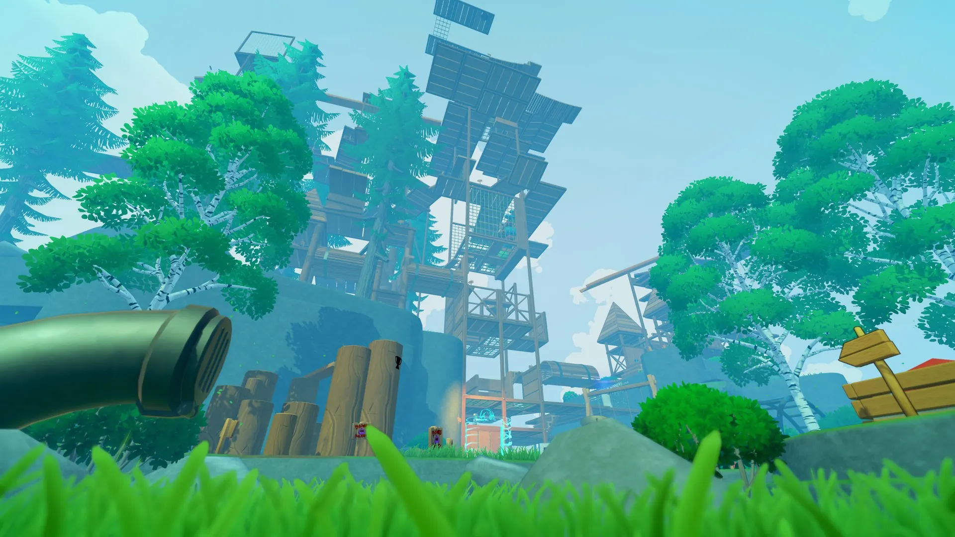 A wide view of the wooden playground climbing area